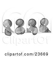 Clipart Illustration Of Four Different Gray Men Wearing Headsets And Having A Discussion During A Phone Meeting