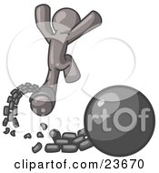 Clipart Illustration Of A Gray Man Jumping For Joy While Breaking Away From A Ball And Chain Symbolizing Freedom From Debt Or Divorce by Leo Blanchette