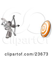Clipart Illustration Of A Gray Man Aiming A Bow And Arrow At A Target During Archery Practice by Leo Blanchette