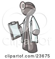 Gray Male Doctor Holding A Clipboard And Wearing A Head Lamp by Leo Blanchette