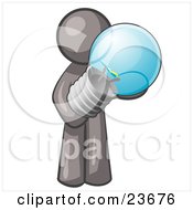 Poster, Art Print Of Gray Man Holding A Glass Electric Lightbulb Symbolizing Utilities Or Ideas