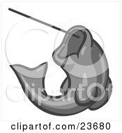 Clipart Illustration Of A Gray Fish Jumping Up And Biting A Hook On A Fishing Line