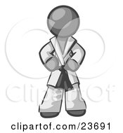 Poster, Art Print Of Tough Gray Man In A White Karate Suit And A Black Belt Standing With His Hands On His Hips