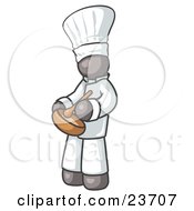 Gray Baker Chef Cook In Uniform And Chefs Hat Stirring Ingredients In A Bowl