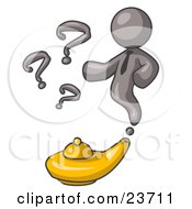 Clipart Illustration Of A Gray Genie Man Emerging From A Golden Lamp With Question Marks