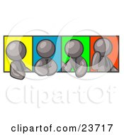 Poster, Art Print Of Four Gray Men In Different Poses Against Colorful Backgrounds Perhaps During A Meeting