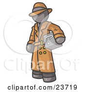 Secretive Gray Man In A Trench Coat And Hat Carrying A Box With A Question Mark On It