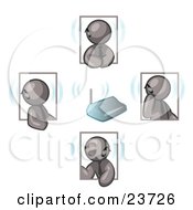 Clipart Illustration Of A Group Of Four Gray Men Holding A Phone Meeting And Wearing Wireless Bluetooth Headsets