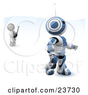 Poster, Art Print Of Gray Man Inventor Operating An Blue Robot With A Remote Control