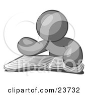 Clipart Illustration Of A Gray Man Character Seated And Reading The Daily Newspaper To Brush Up On Current Events