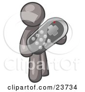 Clipart Illustration Of A Gray Man Holding A Remote Control To A Television by Leo Blanchette