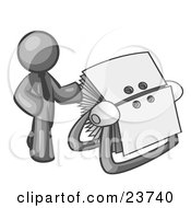 Clipart Illustration Of A Gray Businessman Standing Beside A Rotary Card File With Blank Index Cards