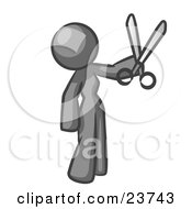 Clipart Illustration Of A Gray Woman Standing And Holing Up A Pair Of Scissors by Leo Blanchette