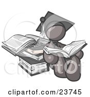 Clipart Illustration Of A Gray Male Student In A Graduation Cap Reading A Book And Leaning Against A Stack Of Books