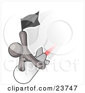 Clipart Illustration Of A Gray Man Waving A Flag While Riding On Top Of A Fast Missile Or Rocket Symbolizing Success by Leo Blanchette
