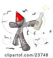 Poster, Art Print Of Happy Gray Man Partying With A Party Hat Confetti And A Bottle Of Liquor