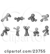 Clipart Illustration Of A Gray Man Doing Different Exercises And Stretches In A Fitness Gym