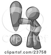 Clipart Illustration Of A Gray Businessman Standing By A Large Exclamation Point