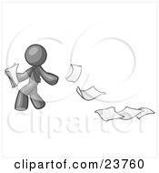 Poster, Art Print Of Gray Man Dropping White Sheets Of Paper On A Ground And Leaving A Paper Trail Symbolizing Waste