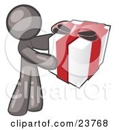 Poster, Art Print Of Thoughtful Gray Man Holding A Christmas Birthday Valentines Day Or Anniversary Gift Wrapped In White Paper With Red Ribbon And A Bow