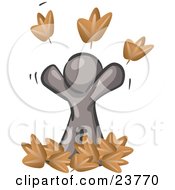 Poster, Art Print Of Carefree Gray Man Tossing Up Autumn Leaves In The Air Symbolizing Happiness And Freedom