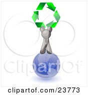Clipart Illustration Of A Gray Man Standing On Top Of The Blue Planet Earth And Holding Up Three Green Arrows Forming A Triangle And Moving In A Clockwise Motion Symbolizing Renewable Energy And Recycling