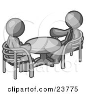 Poster, Art Print Of Two Gray Business Men Sitting Across From Eachother At A Table During A Meeting
