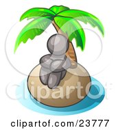 Poster, Art Print Of Gray Man Sitting All Alone With A Palm Tree On A Deserted Island