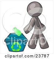 Poster, Art Print Of Gray Man Tossing A Plastic Container Into A Recycle Bin Symbolizing Someone Doing Their Part To Help The Environment And To Be Earth Friendly