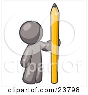 Clipart Illustration Of A Gray Man Holding Up And Standing Beside A Giant Yellow Number Two Pencil by Leo Blanchette