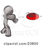 Clipart Illustration Of A Gray Man Tossing A Red Flying Disc Through The Air For Someone To Catch