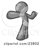 Clipart Illustration Of A Gray Man Stretching His Arms And Back Or Punching The Air