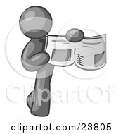 Clipart Illustration Of A Gray Man Holding Up A Newspaper And Pointing To An Article