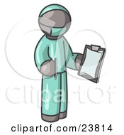 Gray Surgeon Man In Green Scrubs Holding A Pen And Clipboard