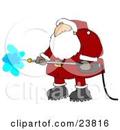Santa Claus In A Red And White Suit And Boots Operating A Pressure Washer