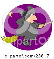 Chubby Black Haired Warty Female Witch Flying In A Purple Sky On Her Broomstick On Halloween A Crescent Moon In The Distance