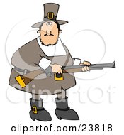 Poster, Art Print Of Confused Fat Male Pilgrim In Brown Holding A Rifle While Out Hunting For Turkey Birds