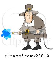 Grumpy Male Pilgrim In Brown Clothes And A Hat Operating A Pressure Washer