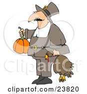 Poster, Art Print Of Male Pilgrim In Brown Carrying A Pumpkin And A Dead Turkey Bird To A Thanksgiving Feast