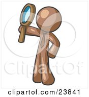 Clipart Illustration Of A Brown Man Holding Up A Magnifying Glass And Peering Through It While Investigating Or Researching Something