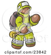 Poster, Art Print Of Brown Fireman In A Uniform Fighting A Fire