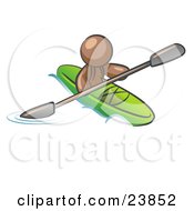 Poster, Art Print Of Brown Man Paddling Down A River In A Green Kayak