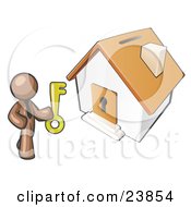 Brown Businessman Holding A Skeleton Key And Standing In Front Of A House With A Coin Slot And Keyhole