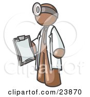 Brown Male Doctor Holding A Clipboard And Wearing A Head Lamp by Leo Blanchette