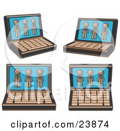 Clipart Illustration Of Four Laptop Computers With Three Brown Men On Each Screen