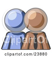 Poster, Art Print Of Blue Person Standing Beside A Brown Businessman Symbolizing Teamwork Or Mentoring