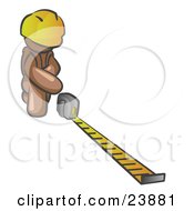 Poster, Art Print Of Brown Man Contractor Wearing A Hardhat Kneeling And Measuring