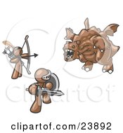 Clipart Illustration Of Two Brown Men Working Together To Conquer An Obstacle A Dragon by Leo Blanchette
