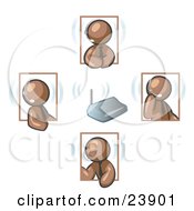 Clipart Illustration Of Brown Men Holding A Phone Meeting And Wearing Wireless Headsets