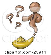 Brown Genie Man Emerging From A Golden Lamp With Question Marks